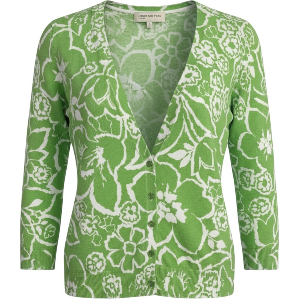 Jones New York Sport‎ Green White Floral Cotton Cardigan Sweater Womens Small